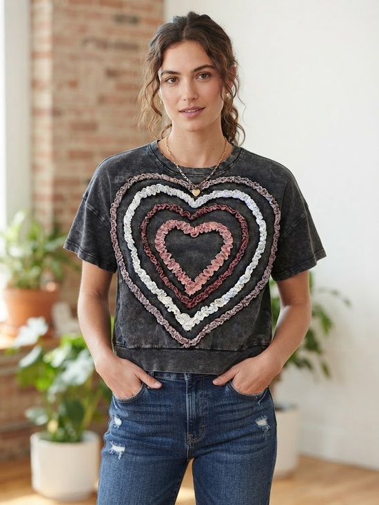 Unbranded Tops - Washed Black Short-Sleeve Heart Ruffle Tee - Layered Pink & White Detail